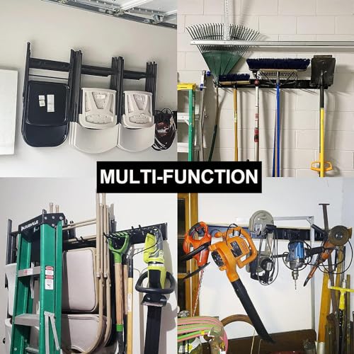 Wallmaster Garage Storage Organization Wall Mount, Garden Tool Rack Organizer Heavy Duty Folding Chair Hangers with 12 Adjustable Hooks 96inch Tracks Max Load 900lb - size: 12Hooks+6Panels