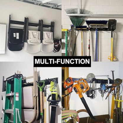 Wallmaster Garage Storage Organization Wall Mount, Garden Tool Rack Organizer Heavy Duty Folding Chair Hangers with 12 Adjustable Hooks 96inch Tracks Max Load 900lb - size: 12Hooks+6Panels