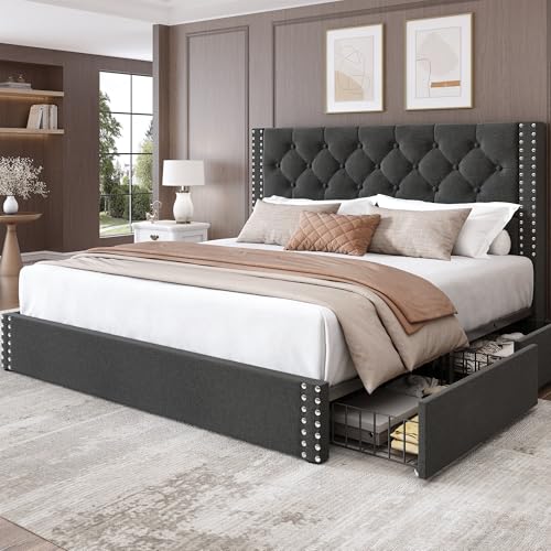 Full Size Bed Frame Upholstered Platform Bed with 4 Storage Drawers and Tufted Headboard Linen Bed Frame with Heavy Duty Wood Slats, No Box Spring Needed, Easy Assembly, Dark Grey - color: Dark Grey, size: Full