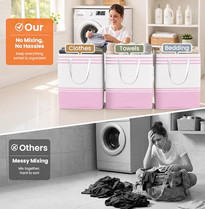 TranquilRelax 3-Pack Laundry Basket, Laundry Hamper, Pink-100L | Freestanding＆Water-Resistant Laundry Hamper, Collapsible Tall Clothes Hamper with Carry Handles for Clothes, Laundry Basket - color: Pink, size: 100L