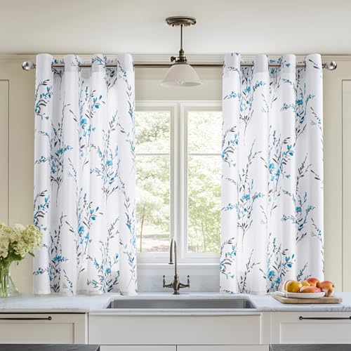 MYSKY HOME Teal Floral Curtains 54 Inches Long for Cafe 2 Panels | Thermal Insulated Light Filtering Room Darkening for Bedroom Leaf Flower Printed Curtains, Each Panel 52" W, Grommet - color: B-teal, size: 52"W x 54"L (Pack of 2)
