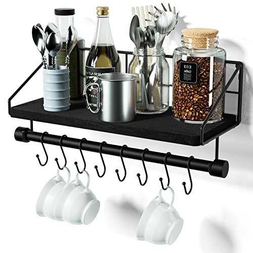 Alsonerbay Floating Shelf for Wall with Wooden Towel Bar, Black | 8 removable hooks, rustic finish, space-saving, holds utensils & mugs, easy installation, kitchen & bathroom use - color: Black