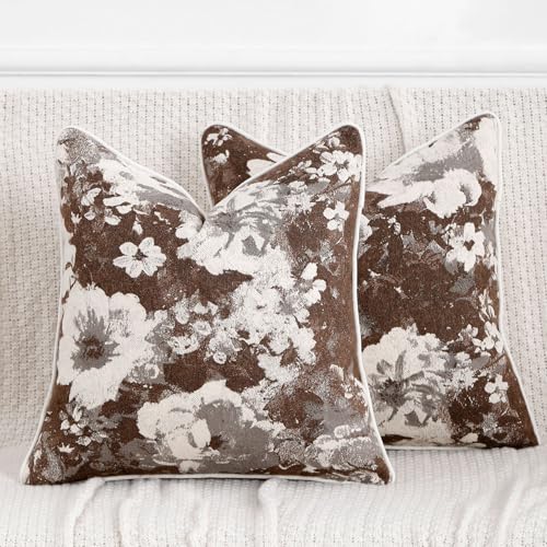 Vintage Floral Throw Pillow Covers 18x18 Set of 2 Neutral Boho Farmhouse Soft Chenille Jacquard Decorative Couch Pillow Covers for Sofa Couch Bed Living Room Home Décor Beige Brown - color: Beige Brown, size: 18" x 18" (Pack of 2)