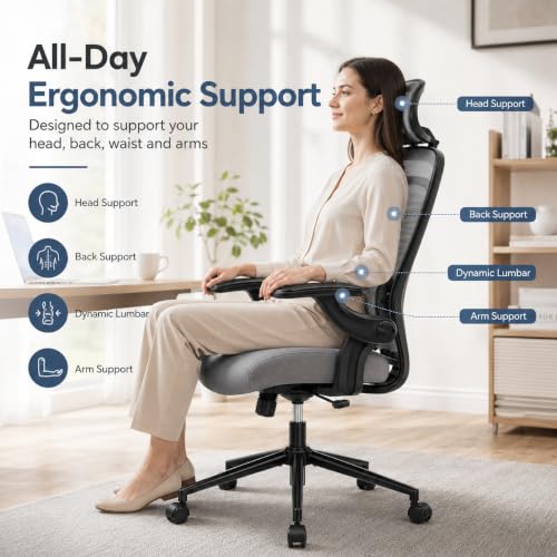 Ergonomic Office Chair, Home Office Desk Chairs with Adjustable Lumbar Support and Headrest, High Back Mesh Computer Desk Chair with 3D Flip-up Armrests & 360° Swivel Wheels, 275 LBS - color: Grey With Lumbar Support