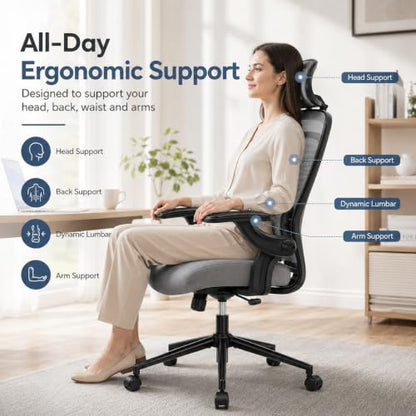 Ergonomic Office Chair, Home Office Desk Chairs with Adjustable Lumbar Support and Headrest, High Back Mesh Computer Desk Chair with 3D Flip-up Armrests & 360° Swivel Wheels, 275 LBS - color: Grey With Lumbar Support