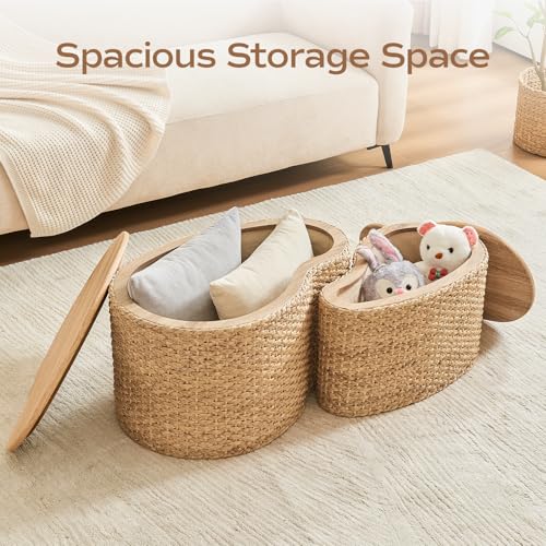 Cloud Nesting Coffee Table Set of 2 with Storage - Handwoven Wicker Rattan Ottoman Style, Boho Coastal Coffee Tables for Living Room, Rattan Coffee Table with Cover & Soild Wood Frame - color: Light Natural - Heart Shape