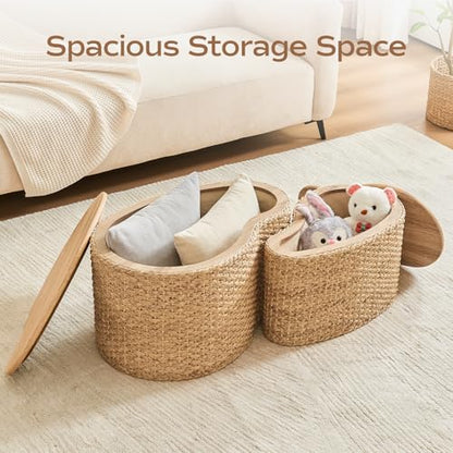 Cloud Nesting Coffee Table Set of 2 with Storage - Handwoven Wicker Rattan Ottoman Style, Boho Coastal Coffee Tables for Living Room, Rattan Coffee Table with Cover & Soild Wood Frame - color: Light Natural - Heart Shape