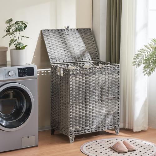 Laundry Hamper with Lid, 190L Large Laundry Basket 3 Section with 6 Removable Liner Bags & 3 Mesh Laundry Bags, Handwoven Rattan Clothes Hamper with Heightened Feet, No Install Needed, Grey - color: Grey