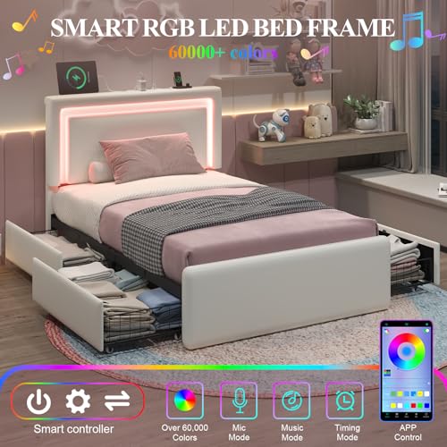 Twin Size Bed Frame with 4 Storage Drawers, Upholstered Headboard, White | Modern Bed, Charging Station, LED Light, Adjustable Height Headboard, Noise-Free, No Box Spring Needed, Easy Assembly - color: White, size: Twin