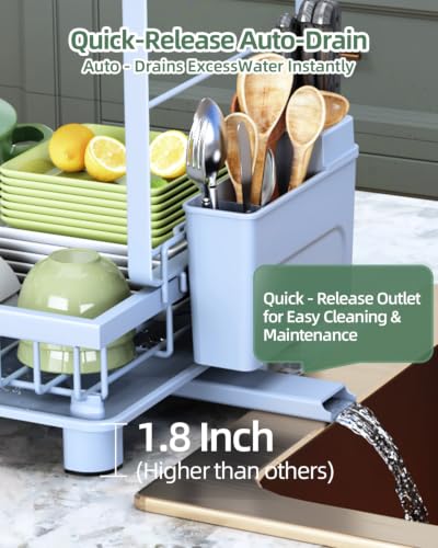 Dish Drying Rack 2-Tier Dish Racks with Drainboard, Rustproof, Space-Saving Dish Rack, Utensil & Cup Holder for Kitchen Counter, Blue - color: Blue