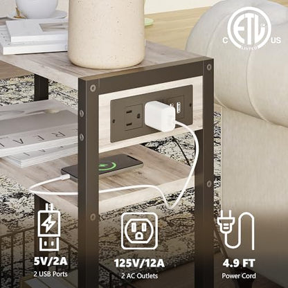 TRIFEBLE Narrow Side Table with Charging Station, Small End Table for Small Spaces, Slim Nightstand with Storage Basket, 3 Tier Skinny Bedside Table for Living Room, Bedroom, Greige - color: Greige