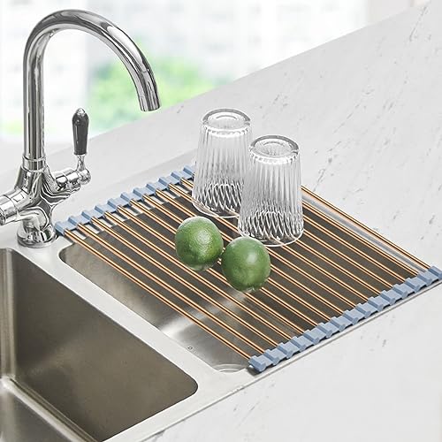 Seropy Roll Up Dish Drying Rack Over The Sink Drying Rack for Kitchen Counter, Rolling Dish Rack Over Sink Mat, Foldable Dish Drainer Stainless Steel Rack Kitchen Organization Gold 17.5"x11.8" - color: Gold, size: 17.5 x 11.8 in