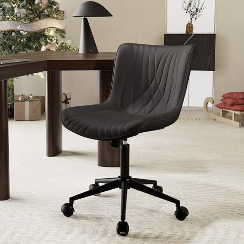 YOUTASTE Black Modern Office Chair, Armless Swivel PU Leather Desk Chair with Wheels, Height Adjustable Rolling Computer Chair with Metal Legs for Bedroom, Home Office, Study, or Vanity - color: Black
