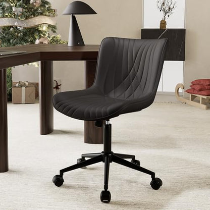 YOUTASTE Black Modern Office Chair, Armless Swivel PU Leather Desk Chair with Wheels, Height Adjustable Rolling Computer Chair with Metal Legs for Bedroom, Home Office, Study, or Vanity - color: Black
