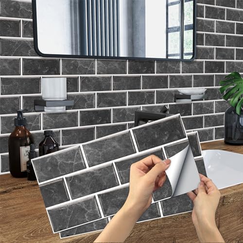 12-Sheet Black Peel and Stick Wallpaper, Subway Tile 6''x12'' Self Adhesive Wall Tiles Waterproof PVC Stick on Backsplash Vinyl Decorative Tiles Stickers for Kitchen Bathroom - color: Black