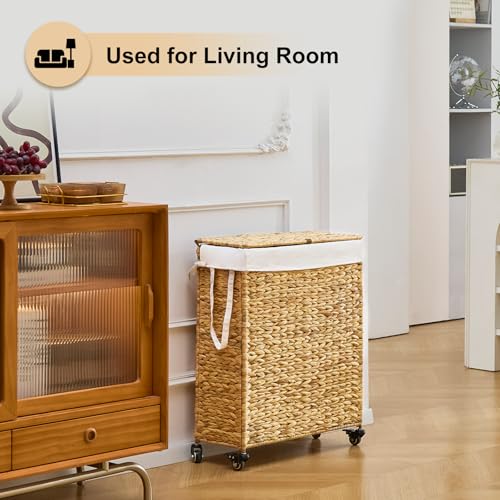 Rolling Laundry Hamper with Lid and Wheels, Slim Laundry Basket with Removable Liner Bag & 2 Mesh Bags, Handwoven Water Hyacinth Clothes Hamper for Bedroom Bathroom (Natural, 85L) - color: Natural/With Lid/85L