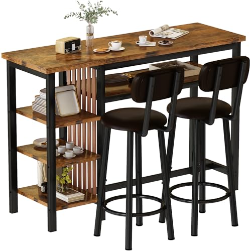 Recaceik 3 Piece Bar Dining Table Set, Modern Bar Table and Stools for 2, Kitchen Counter Height Dining Table Set with 4 Storage, Breakfast Nook Set Pub Table with Backrest - size: 47 inches