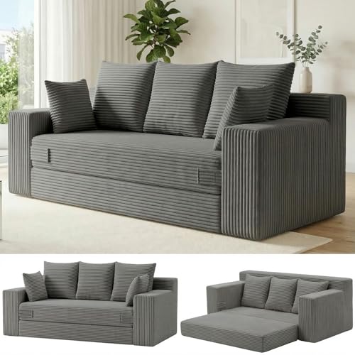 Boneless Couch for Living Room, 3 Seater Convertible Futon Sofa Bed Comfy Pull Out Couch with 5 Pillows & Detachable Washable Cover, Upholstered Floor Sofa in A Box, No Assembly Required, Grey - color: Grey, size: Three Seat-70''