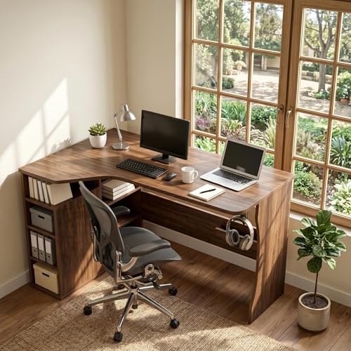 IDEALHOUSE Walnut L Shaped Desk for Small Spaces, Reversible Corner Desk with Storage Cabinet and 6 Adjustable Shelves, Wood Computer Desk for Home Office, Study, Writing, Gaming, Bedroom, Brown