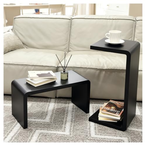 C-Shaped Side Table, H27.2in Solid Wood End Table for Couch | Space-Saving Wooden C-Shaped Snack Table, Nightstand & Laptop Desk for Living Room, Bedroom, Office or Balcony - color: Black Large