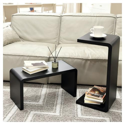 C-Shaped Side Table, H27.2in Solid Wood End Table for Couch | Space-Saving Wooden C-Shaped Snack Table, Nightstand & Laptop Desk for Living Room, Bedroom, Office or Balcony - color: Black Large