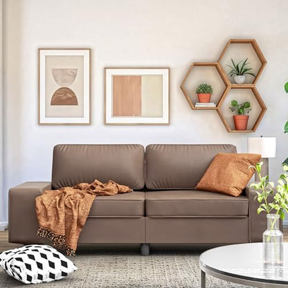 84" Loveseat Couch, 3 Seater Leathaire Sofa with 4 Side Pockets, Removable and Washable Cushions, Living Room，Apartment, Office (Coffee) - color: Coffee Leathaire, size: 84 "