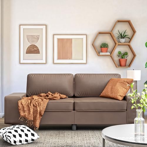 84" Loveseat Couch, 3 Seater Leathaire Sofa with 4 Side Pockets, Removable and Washable Cushions, Living Room，Apartment, Office (Coffee) - color: Coffee Leathaire, size: 84 "