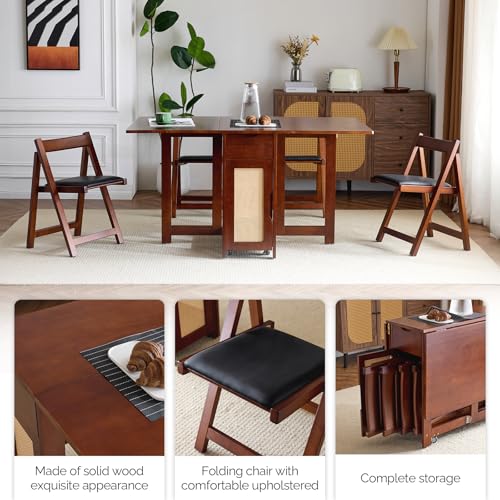 VINGLI Folding Dining Table Set Extendable Drop Leaf Solid Wood Foldable Table 5 Piece with 4 Chairs 2 Drawers and Wheels for Kitchen Space Saving,Walnut