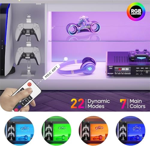 Bestier Glossy Fluted TV Stand for 65 Inch TV, Gaming LED Entertainment Center with Cabinet for PS5 Xbox, TV Console with Adjustable Glass Shelves for Living Room Bedroom, Bright White - color: Bright White