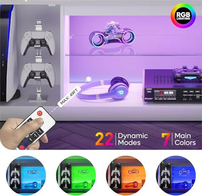 Bestier Glossy Fluted TV Stand for 65 Inch TV, Gaming LED Entertainment Center with Cabinet for PS5 Xbox, TV Console with Adjustable Glass Shelves for Living Room Bedroom, Bright White - color: Bright White