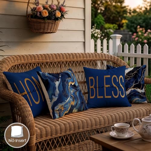 OBSEDE Blue Gold Marble Home Bless Throw Pillow Covers 18x18 in Set of 4 | Faux Linen, Cozy Sofa Couch Decoration, Single-Sided, Invisible Zipper, Family Housewarming Gift, Living Room Cushion Cases - color: Blue Marble With Faith Quotes, size: 18" x 18"