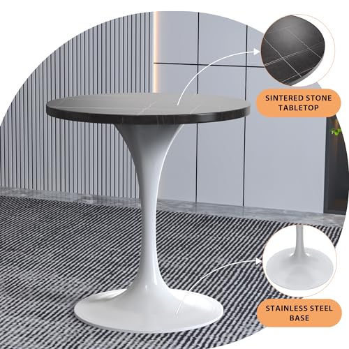 LeisureMod Verve Modern Dining Table 27" Round Sintered Stone Tabletop and White Stainless Steel Pedestal Base for Kitchen and Dining Room, Black - color: Black Stone, size: 27 inch Wide
