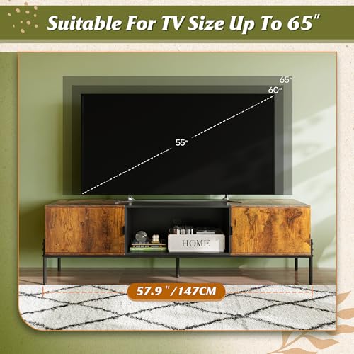 WLIVE 58" TV Stand for 65 Inch TVs, Mid Century Modern Entertainment Center with 2 Storage Cabinets & Open Shelf, Media Console Table with Metal Legs for Living Room, Bedroom, Rustic Brown - color: Rustic Brown