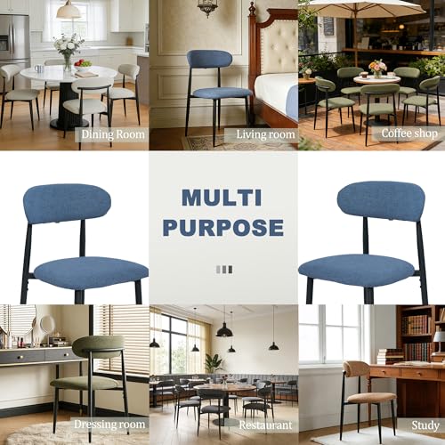 FREKEN Modern Upholstered Dining Chairs Set of 4, Mid-Century Metal Frame Linen Fabric Side Chair for Kitchen Dining Room, 350lbs Capacity, Blue - color: Blue - Black Legs, size: Set of 4