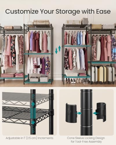 SONGMICS Heavy-Duty Clothes Rack, Garment Rack, Portable Closet, 68.7-Inch Wide Clothing Rack with Adjustable Mesh Shelves and Hanging Rails, Ink Black ULGR433B01 - color: Ink Black, size: 68.7"L x 76"H, style: Without Fabric Cover