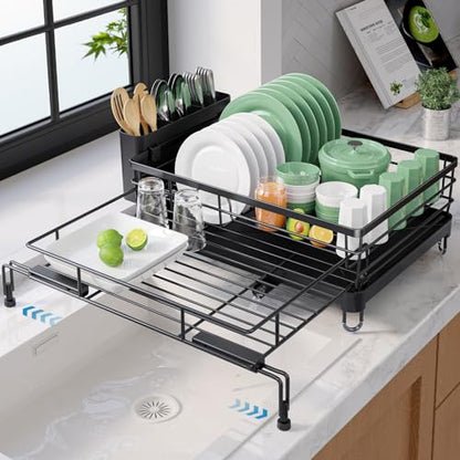 Kitsure Adjustable Dish Drying Rack, 15.6''-25.2''L × 16.9''W, Black | Large Dish Drying Rack, Rust-Resistant Dish Racks for Kitchen Counter, With Adjustable Support Legs, Cutlery Holder - color: Black