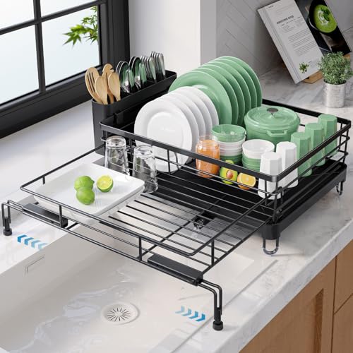 Kitsure Adjustable Dish Drying Rack, 15.6''-25.2''L × 16.9''W, Black | Large Dish Drying Rack, Rust-Resistant Dish Racks for Kitchen Counter, With Adjustable Support Legs, Cutlery Holder - color: Black