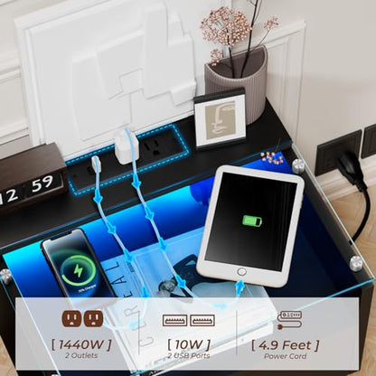 Black Floating Nightstand Set of 2 with Charging Station, 18.9" Extended Bedside End Table with Drawer and LED, Modern Wall Mounted Night Stand Side Table with Open Shelf for Bedroom