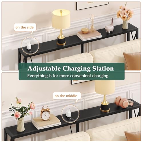 Gewudraw Narrow Console Table with Socket, Sofa Table Behind Couch, Black | 55.1" Couch Table, Industrial Style, Long Skinny Design,For Hallway,Living Room,Bedroom, Built-In Outlets & USB,140cm Length - color: Black, size: 55.1 in