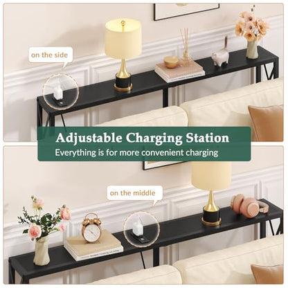Gewudraw Narrow Console Table with Socket, Sofa Table Behind Couch, Black | 55.1" Couch Table, Industrial Style, Long Skinny Design,For Hallway,Living Room,Bedroom, Built-In Outlets & USB,140cm Length - color: Black, size: 55.1 in