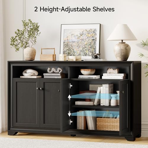 60 Inches Sideboard Buffet Cabinet with Storage and 4 Doors, Black | Large Sideboard Kitchen Cabinet with Open Shelf & Adjustable Shelf, Kitchen Coffee Bar Console Table for Living Room, Hallway - color: Black