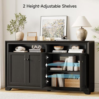60 Inches Sideboard Buffet Cabinet with Storage and 4 Doors, Black | Large Sideboard Kitchen Cabinet with Open Shelf & Adjustable Shelf, Kitchen Coffee Bar Console Table for Living Room, Hallway - color: Black