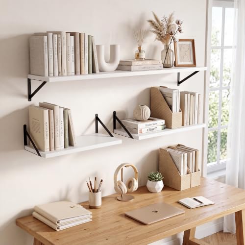 Deep Floating Shelves, 18'' x 12'' White Wall Shelves Set of 2 | 12 Inches Deep, for Heavy Books, Plants, Engineered Wood, Mounting Hardware Included, 40LBS, Kitchen, Laundry Room, Bathroom - color: White, size: 18W x 12D