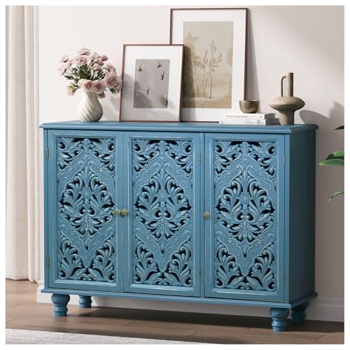 Jiansu furni 32'' Tall Sideboard Buffet Cabinet with Storage, Accent Cabinet with 3 Doors and Adjustable Shelves,Buffet Table with Solid Wood Legs for Kitchen, Living Room, Hallway, Blue - color: Blue_3 Doors