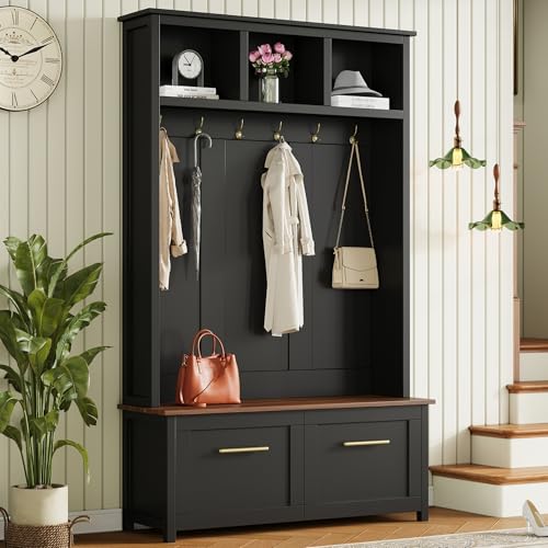 Merax 4-in-1 Hall Tree with Bench, Modern Versatile Multiple Storage Space with 6 Golden Hooks, 2 Drawers, Entryway Coat Rack for Living Room, Hallway, Black - color: Black