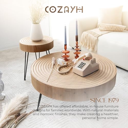 COZAYH 2-Piece Round Nesting Coffee Table Set, Natural Wood Top with Black Metal Legs, Ring Pattern – Rustic Farmhouse Accent for Living Room or Bedroom – Space-Saving Modern Furniture - color: Ring Pattern
