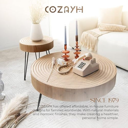 COZAYH 2-Piece Round Nesting Coffee Table Set, Natural Wood Top with Black Metal Legs, Ring Pattern – Rustic Farmhouse Accent for Living Room or Bedroom – Space-Saving Modern Furniture - color: Ring Pattern