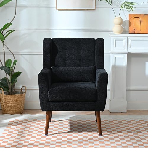Accent Chair, Living Room Chairs with Solid Wood Legs & Pillow | Chairs Living Room with High Tufted Backrest, Reading Chair for Bedroom/Office, Chenille Fabric - color: Black