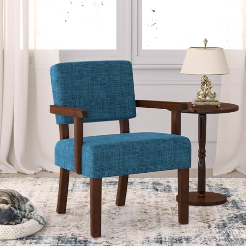 Accent Chair, Armchair with Solid Wood Frame and Legs, Blue | Upholstered Reading Leisure Chair for Bedroom,Office,Waiting Room - color: Linen Blue, size: One Chair