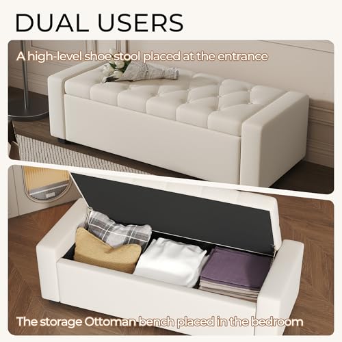 Ottoman with Storage Bench,Large Storage Ottoman Entryway Benches Ottoman Bench with Cushion and Safety Hinge - color: Beige